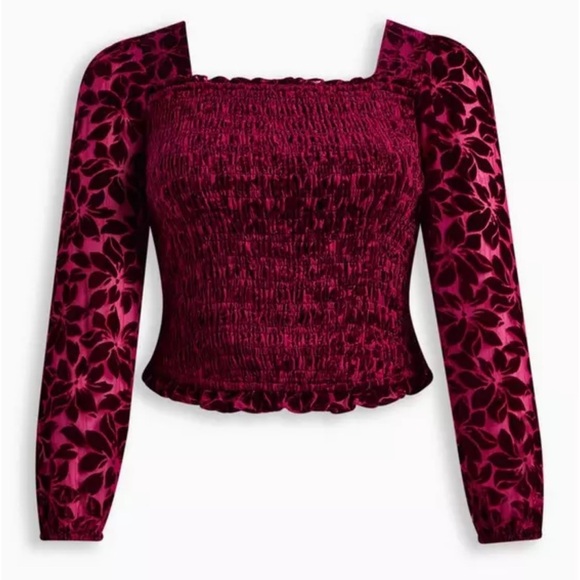 Torrid Velvet Smocked Blouson Sleeve Cropped Top Size 0/L Color Wine - Picture 5 of 6